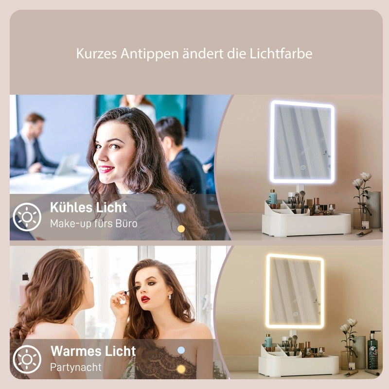 Specchio da trucco con luce LED ricaricabile bianco girevole a 180° con contenitore per cosmetici e cavo tipo C
