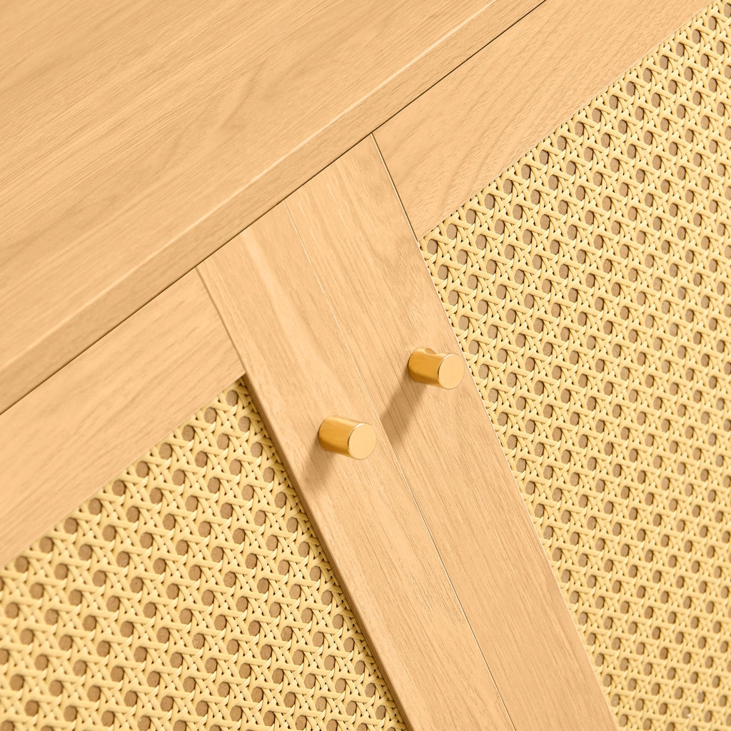 Credenza a due ante con rattan intrecciato in MDF naturale con ripiano interno e gambe in metallo dorato