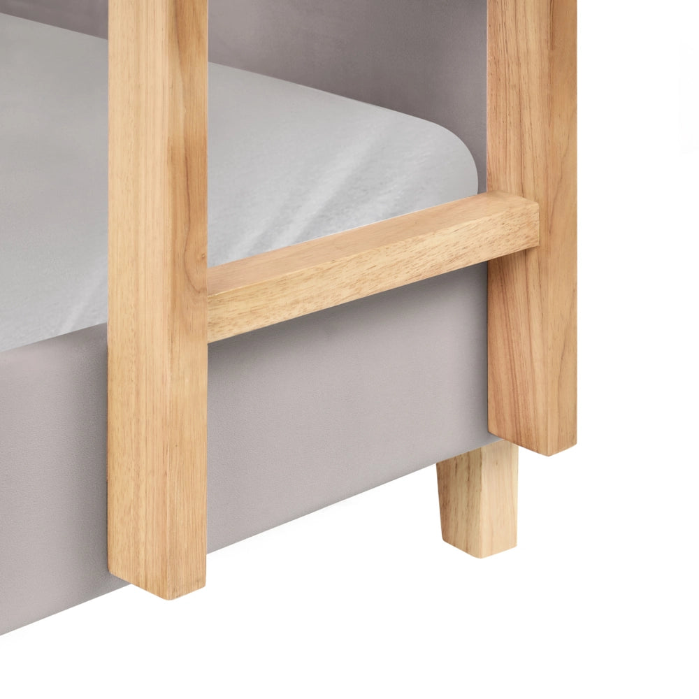 Letto a castello 3 piedi per bambini alto imbottito in velluto e scaletta in in legno di pioppo grigio chiaro 90x200 cm cameretta