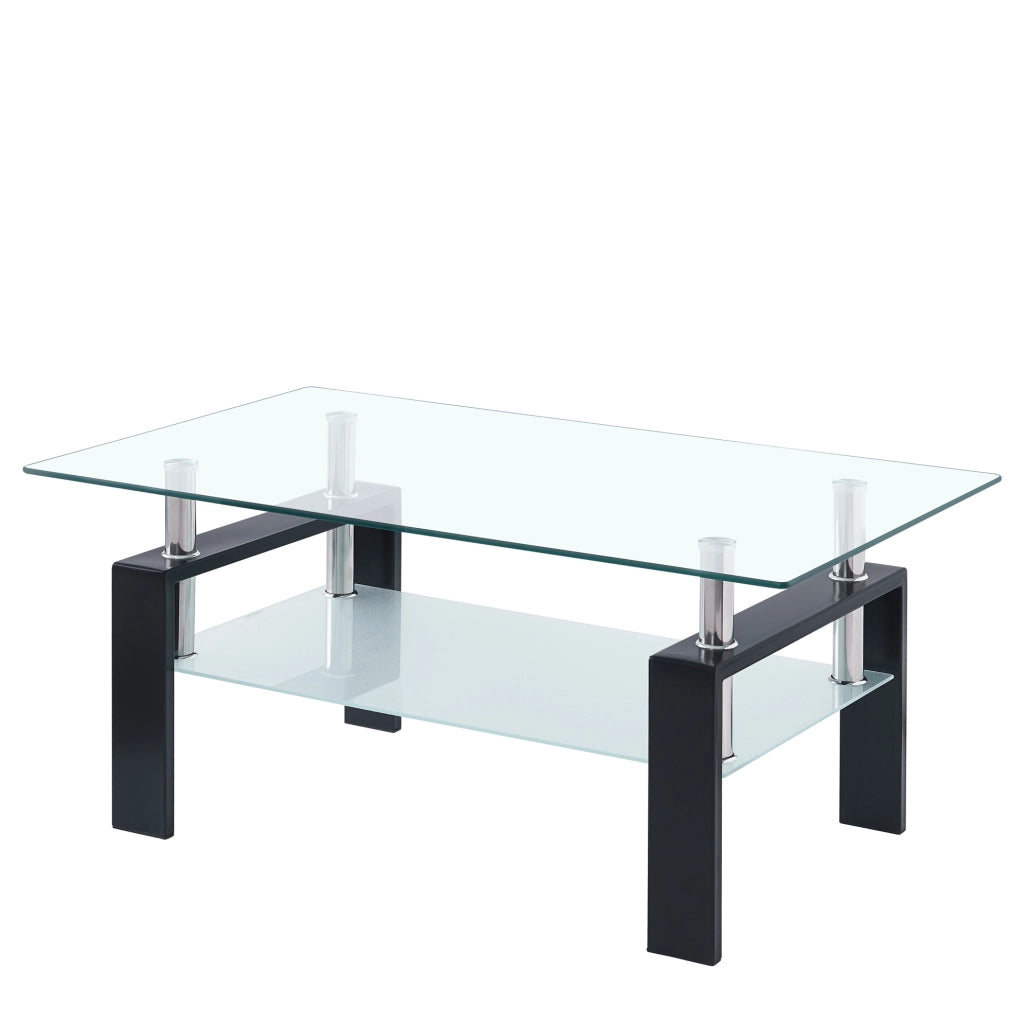 Tavolino 100x60x44 cm in vetro temperato trasparente e metallo, doppio ripiano
