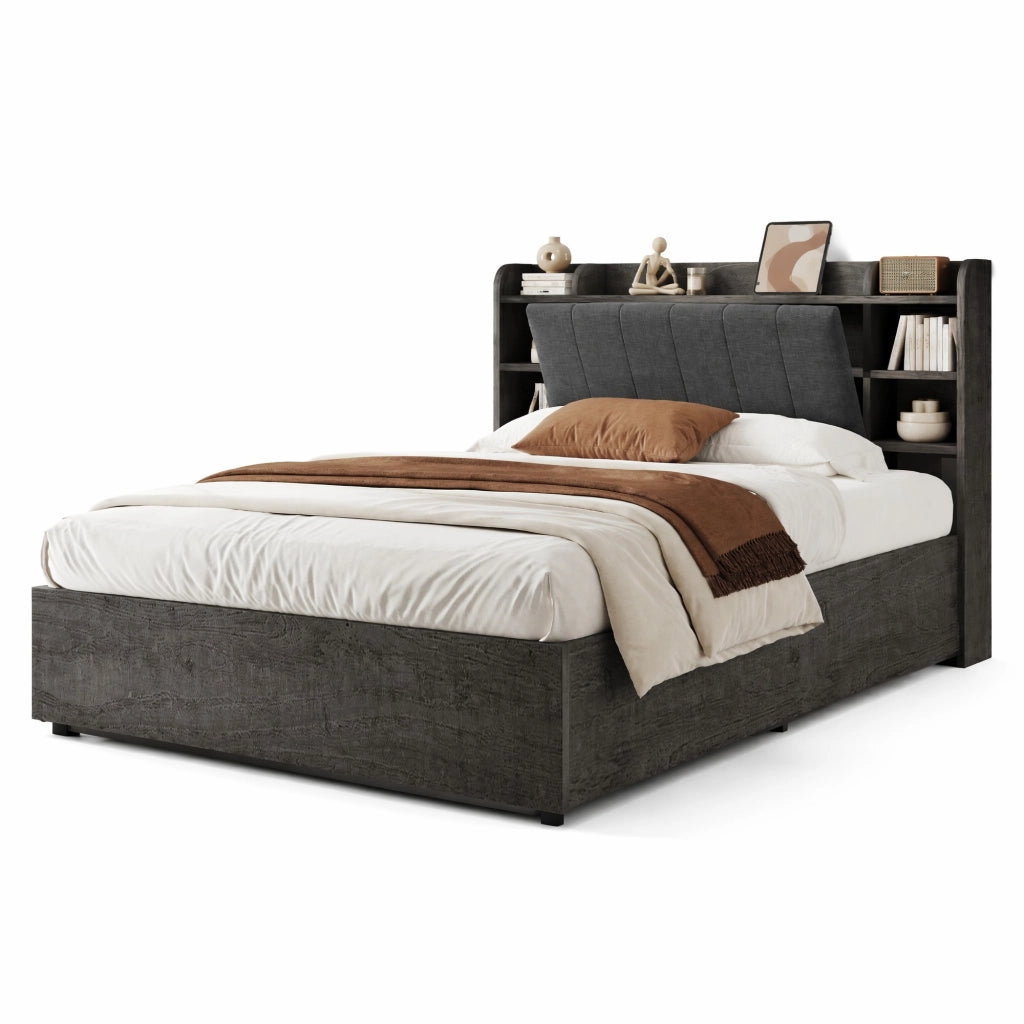 Letto contenitore 180 × 200 cm con sollevamento idraulico testiera con vani USB e Type-C in MDF grigio