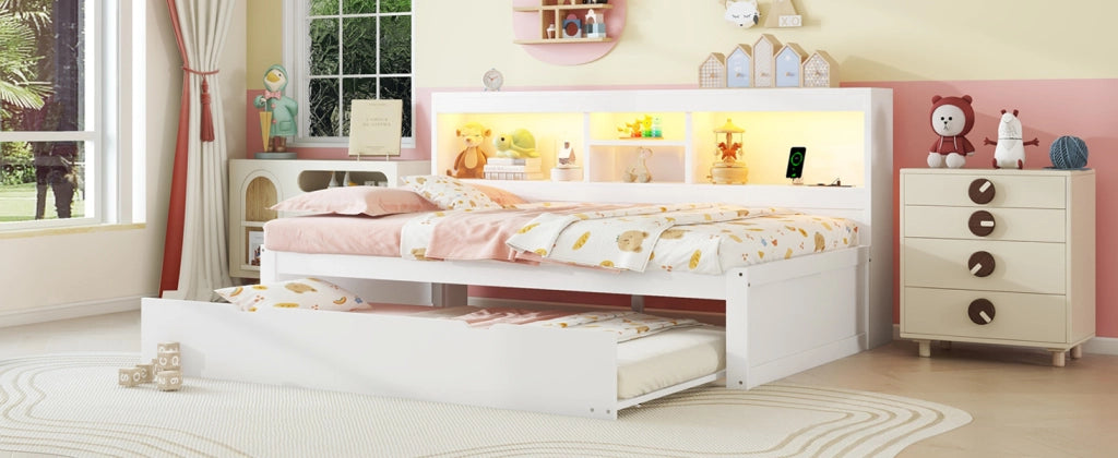 Letto singolo 90 × 200 cm con letto estraibile LED prese USB vano laterale in truciolato e MDF bianco