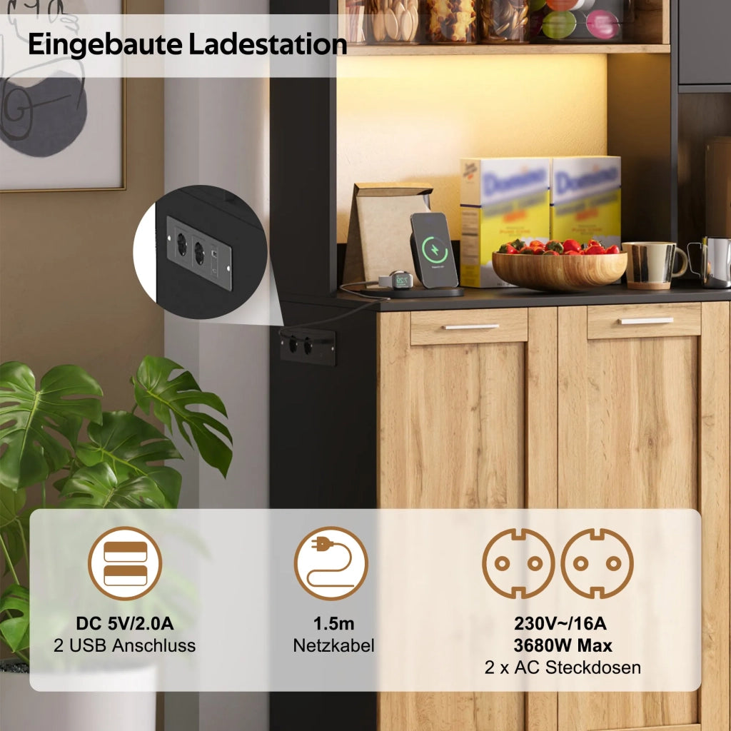 Armadio da cucina alto 100x40x180 cm con illuminazione LED e prese, ripiani regolabili, vetrina per soggiorno e sala da pranzo
