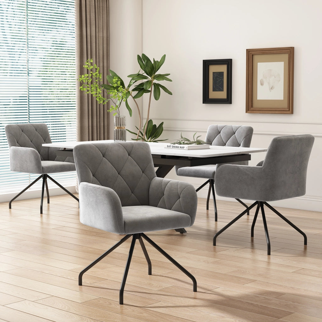 Sedia da sala da pranzo set di 2 con braccioli e schienale ergonomico, in velluto e metallo grigio chiaro