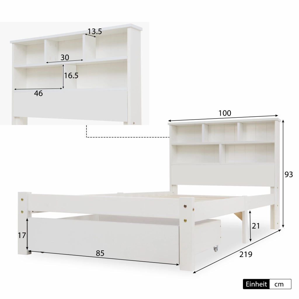 Letto singolo in legno massiccio con 2 cassetti e testiera a libreria, 90x200 cm, bianco
