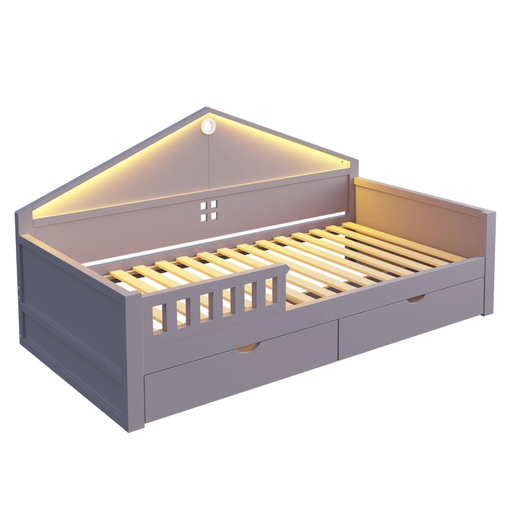 Letto singolo 90x200 cm in legno con cassetti e illuminazione LED controllabile via smartphone, grigio