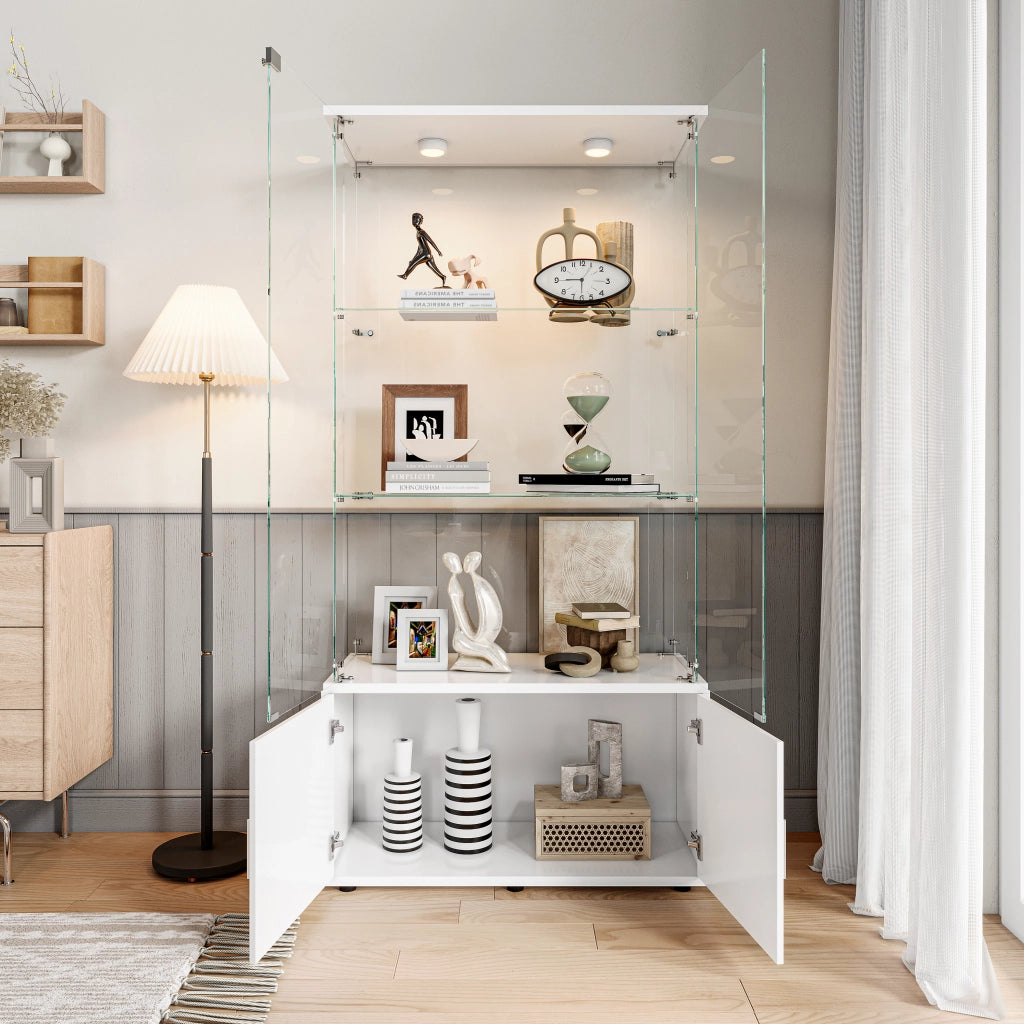 Vetrinetta Espositiva con LED;Bianco Cristalliera soggiorno  con 2 Porta e Serratura;78.5x35x164 cm;Vetro Temperato;per Casa e Ufficio