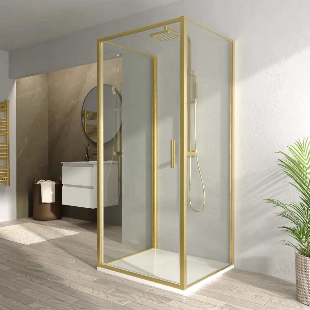 Box doccia 3 lati 90x100x90cm con porta a battente profili oro spazzolato vetro 6mm trasparente anticalcare h190| Portofino