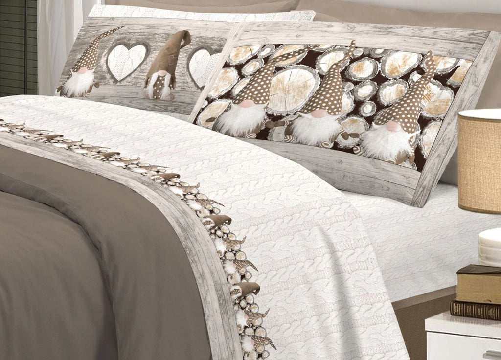 Completo Lenzuola Linea Pensieri Delicati 100% Cotone Disegno Gnomi - Piazza E Mezza - Beige