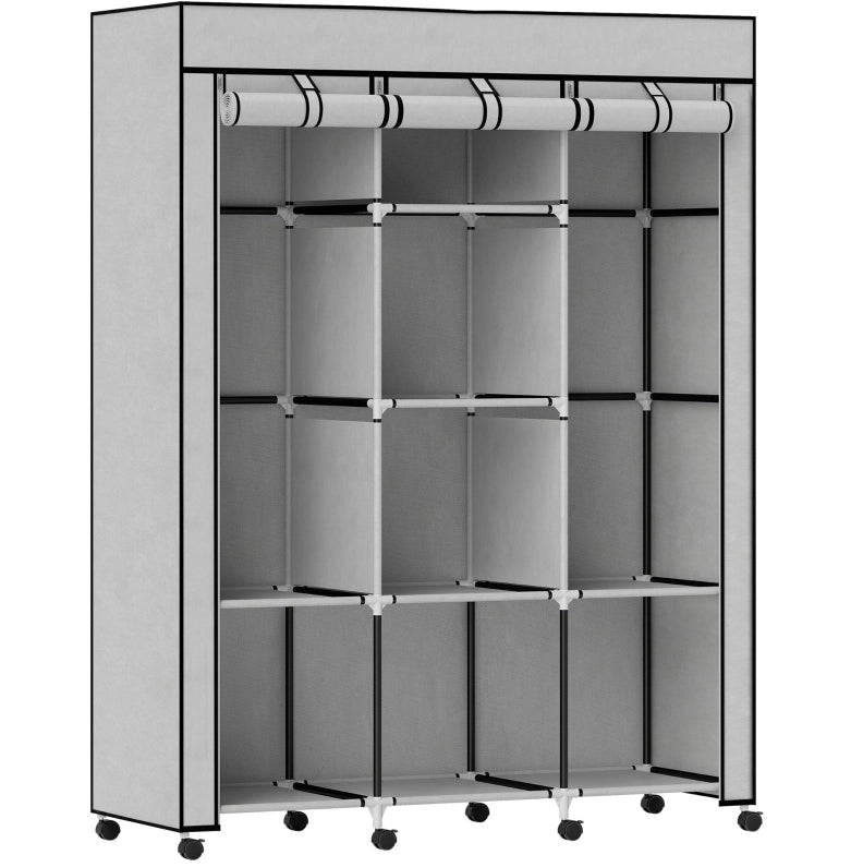 Armadio in tessuto grigio con 8 ripiani e 2 appendiabiti, 125x43x162,5 cm
