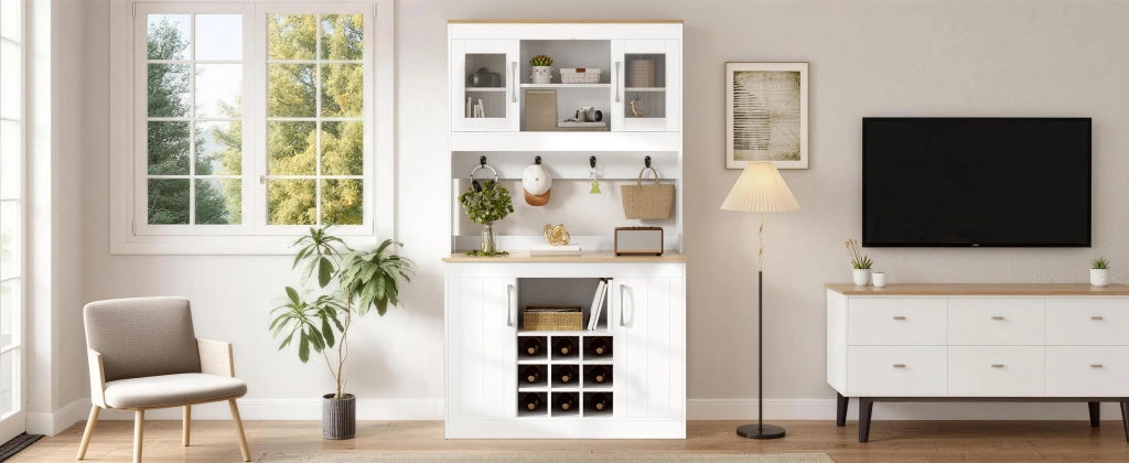 Credenza da cucina con vetrina 175 cm, mobile porta piatti con ripiano vini e appendiabiti, per cucina, sala da pranzo e soggiorno