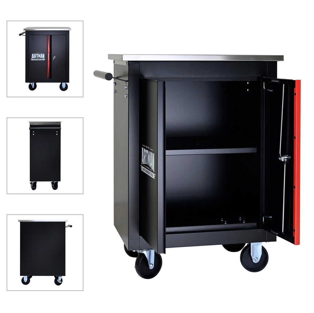 Carrello porta attrezzi multifunzione a due ante in acciaio nero e rosso con ruote e serratura