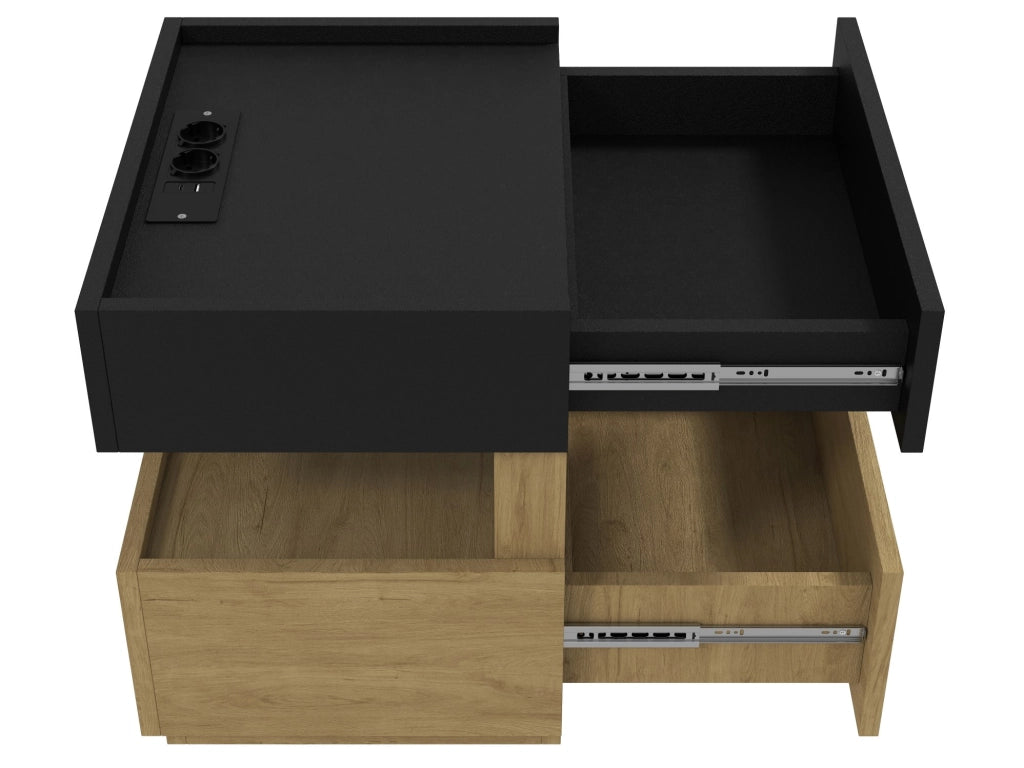 Comodino intelligente con ricarica wireless, luci LED ambientali, porte USB e due cassetti - nero e legno naturale, 50x40x50 cm