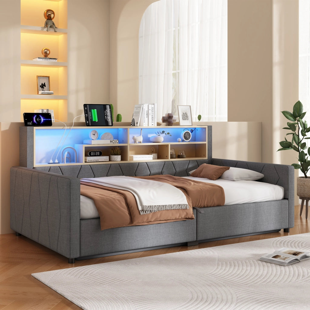 Divano Letto 90x200 cm in Lino con Contenitore Idraulico; USB-C; Presa; LED; Grigio