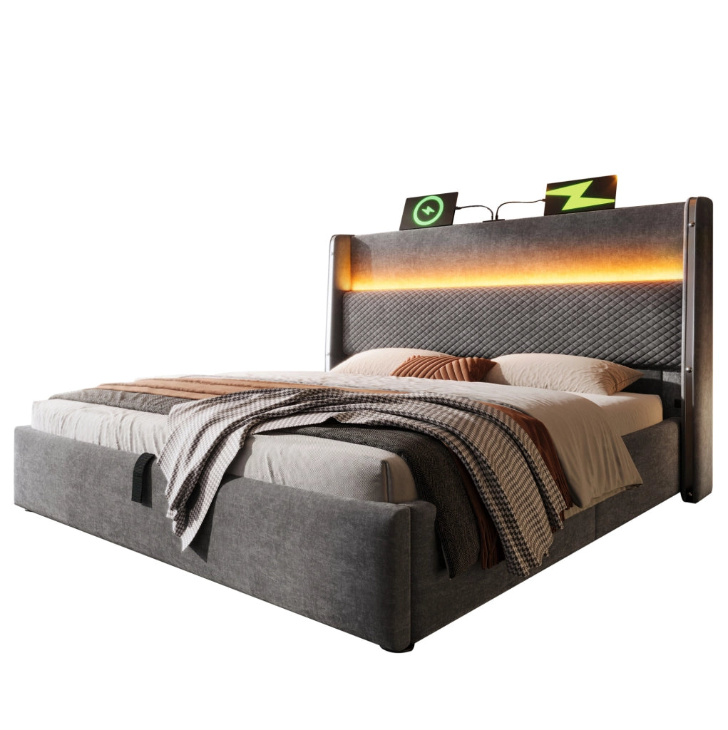 Letto 160x200 cm con contenitore, LED e prese USB/Type-C, rivestimento in lino grigio