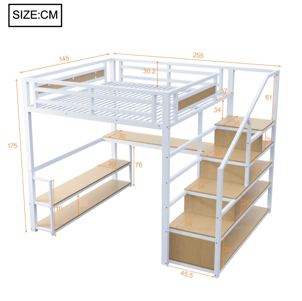 Letto a soppalco in metallo 140x200 cm con scrivania, scaffali e scala contenitore, bianco