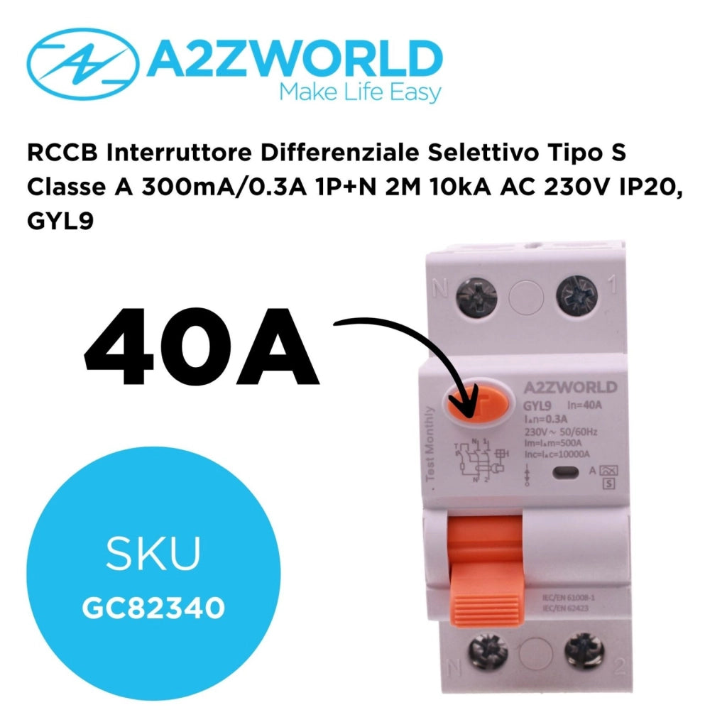 RCCB Interruttore Differenziale Selettivo Tipo S Classe A 300mA/0.3A 1P+N 2M 10kA AC 230V IP20, GYL9, Corrente Disponibili 25A 40A 63A 100A (40A)