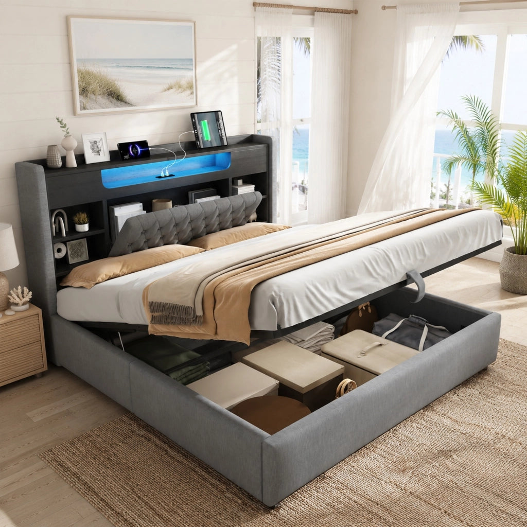 Letto 180x200 cm con contenitore idraulico, LED e USB-C in lino grigio