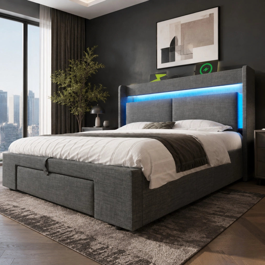 Letto imbottito 160x200 cm con contenitore idraulico, LED e porte USB, in lino grigio