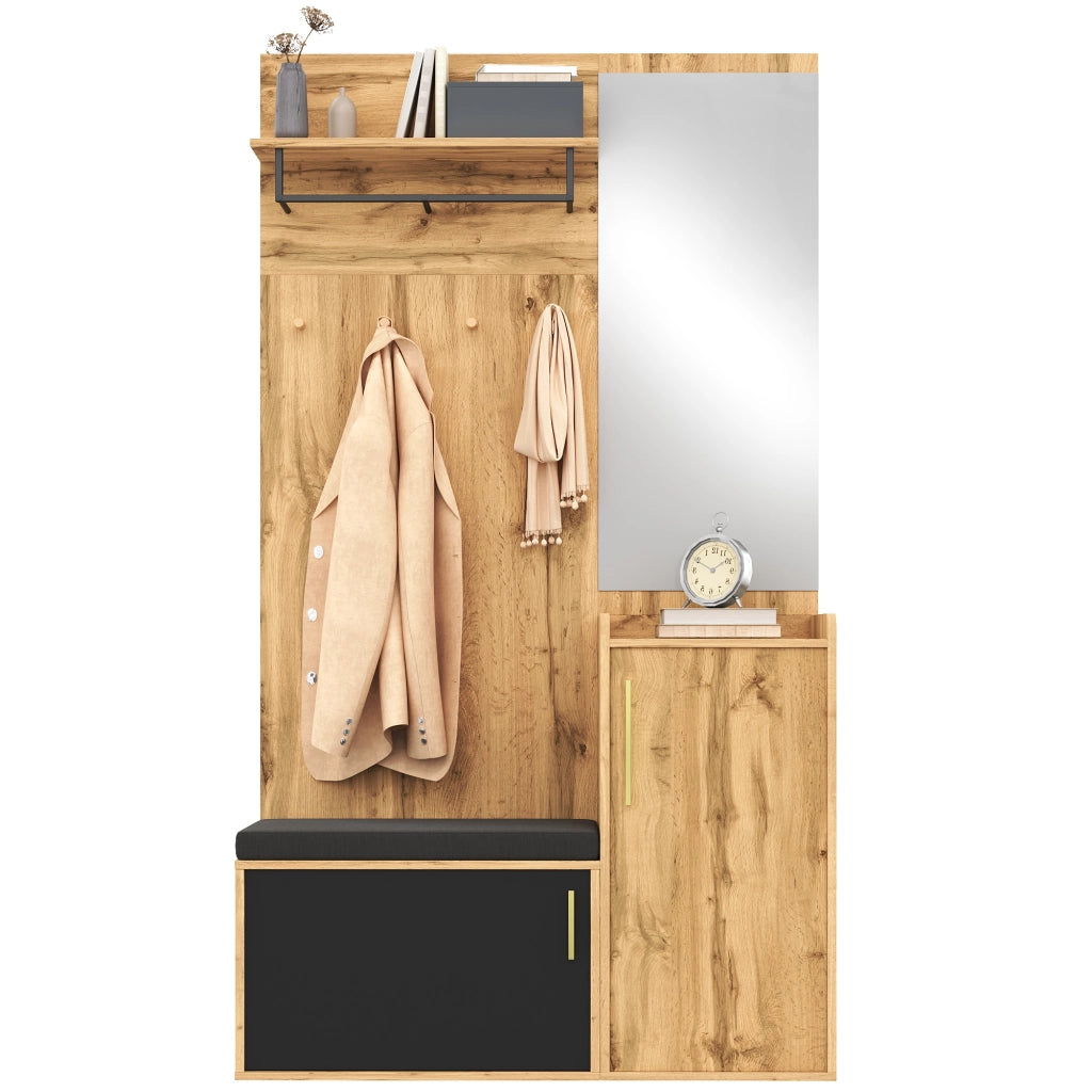 Set di mobili da ingresso con specchio panca imbottita e scarpiera in truciolare naturale e nero 100 × 38 × 185 cm