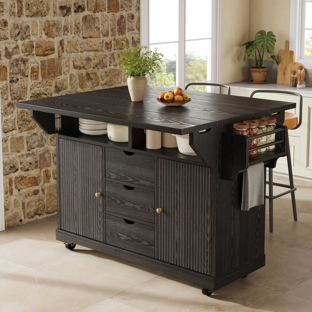 Carrello da cucina con 3 cassetti piani laterali pieghevoli e ripiani regolabili in MDF e metallo nero