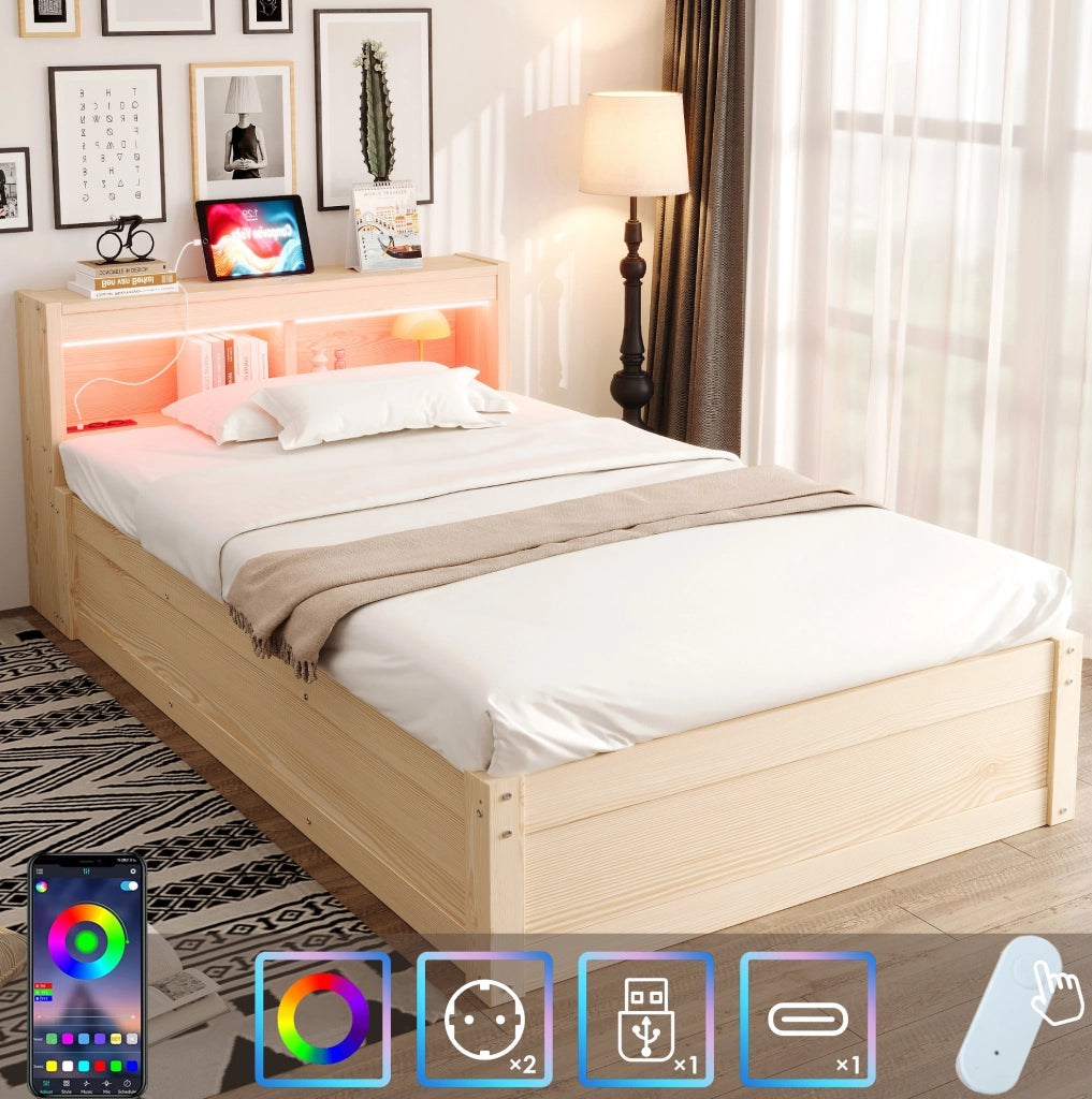 Letto singolo multifunzione in legno massello 90x200 cm con presa elettrica, LED colorati e contenitore idraulico
