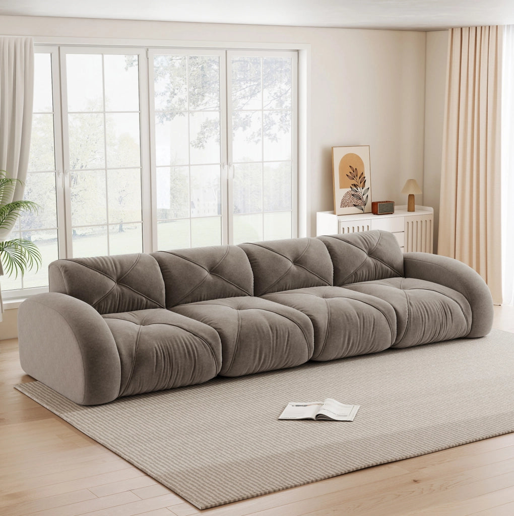 Divano modulare 358x95x76 cm in ciniglia tortora, senza montaggio