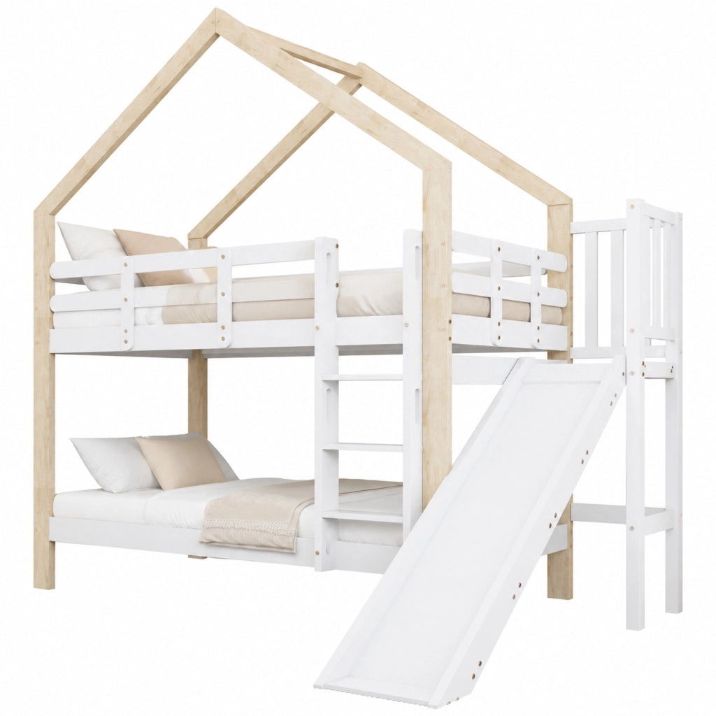 Letto a castello a casetta 90x200 cm con scivolo, scala e protezioni