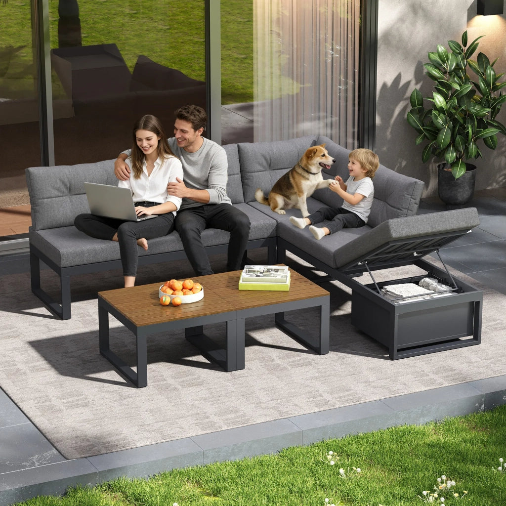 Set mobili da giardino multifunzione, schienale regolabile a 3 livelli con funzione reclinabile, cuscini spessi, vano portaoggetti, rivestimento in poliestere resistente alle intemperie, grigio scuro