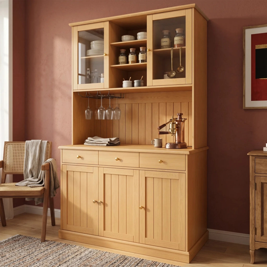 Credenza Alta da Pranzo 120x40x191 cm, Colore Naturale, Ante in Vetro, Portabicchieri, Ampio Spazio, Presa Integrata con USB-C e USB-A