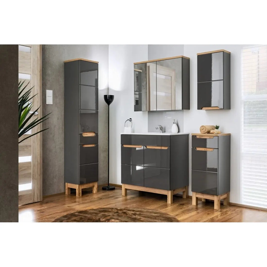 Mobile da bagno ERMANO – Finitura in legno e grigio lucido, 35 cm