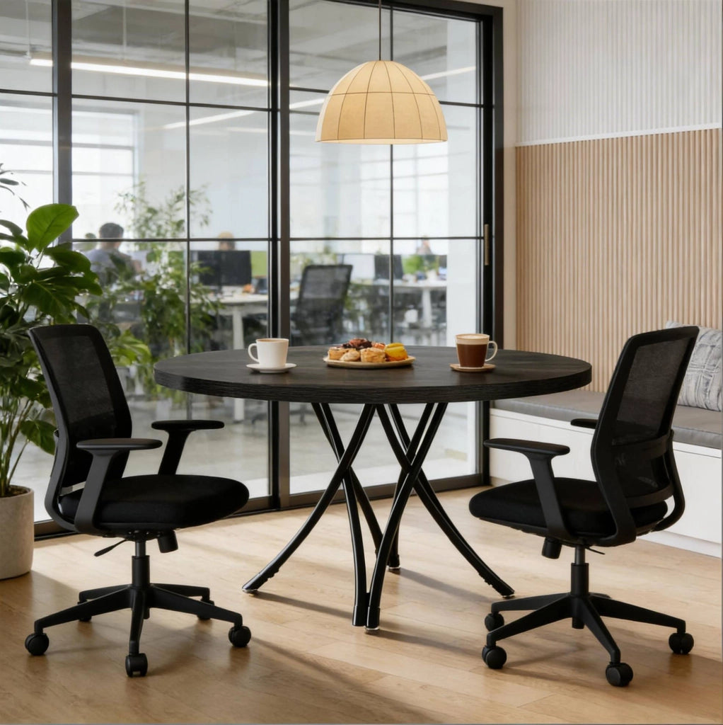 Tavolo da pranzo rotondo nero 120 cm per 4-6 persone con gambe a croce in stile moderno