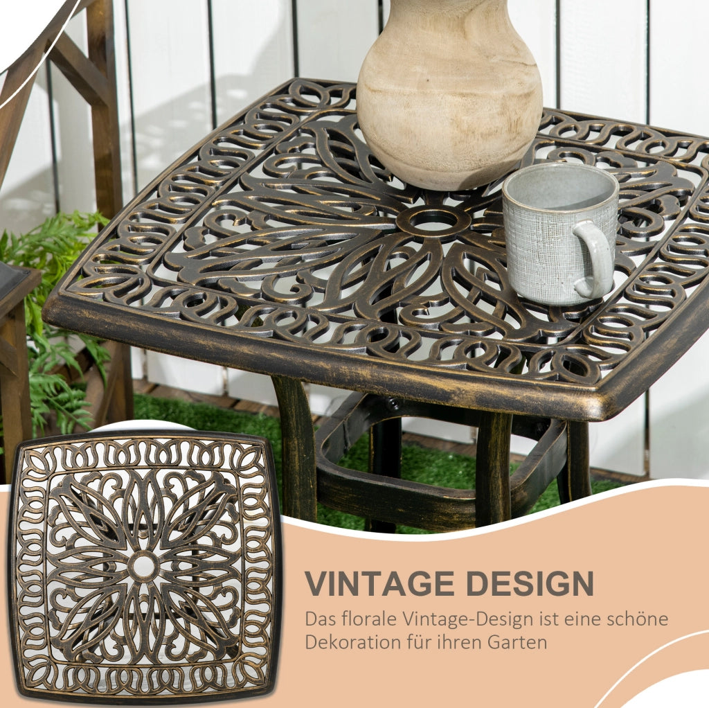 Tavolino da Esterno in Alluminio con Foratura per Ombrellone 54x54x52,5 cm, Finitura Bronzo Vintage per Giardino e Balcone