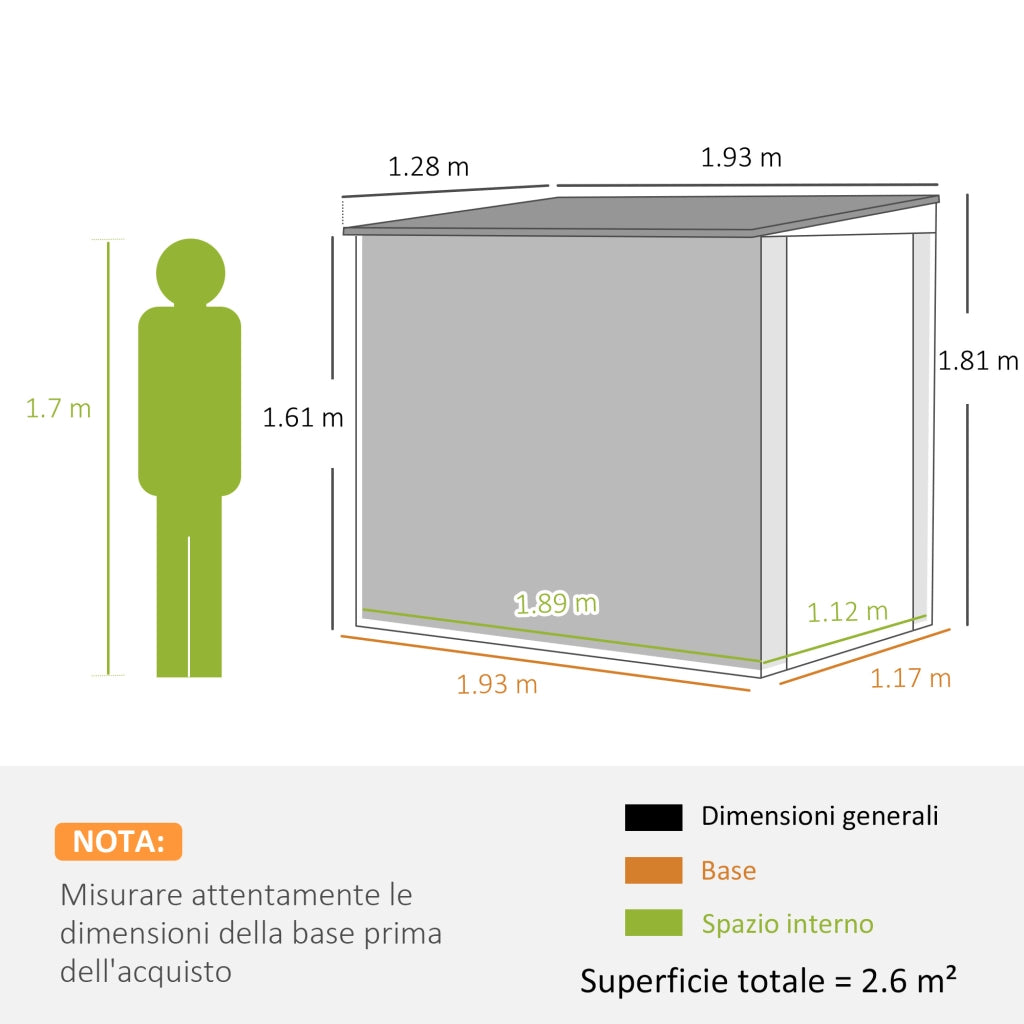 Casetta da Giardino in Acciaio 1.2x1.9 m con Porta Bloccabile e Prese d'Aria, Grigio Scuro