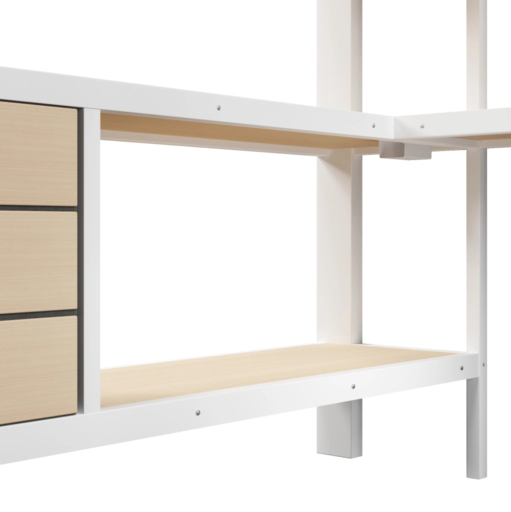 Letto a soppalco 140x200 cm con scrivania; cassetti; presa e LED bianco HOMVRA