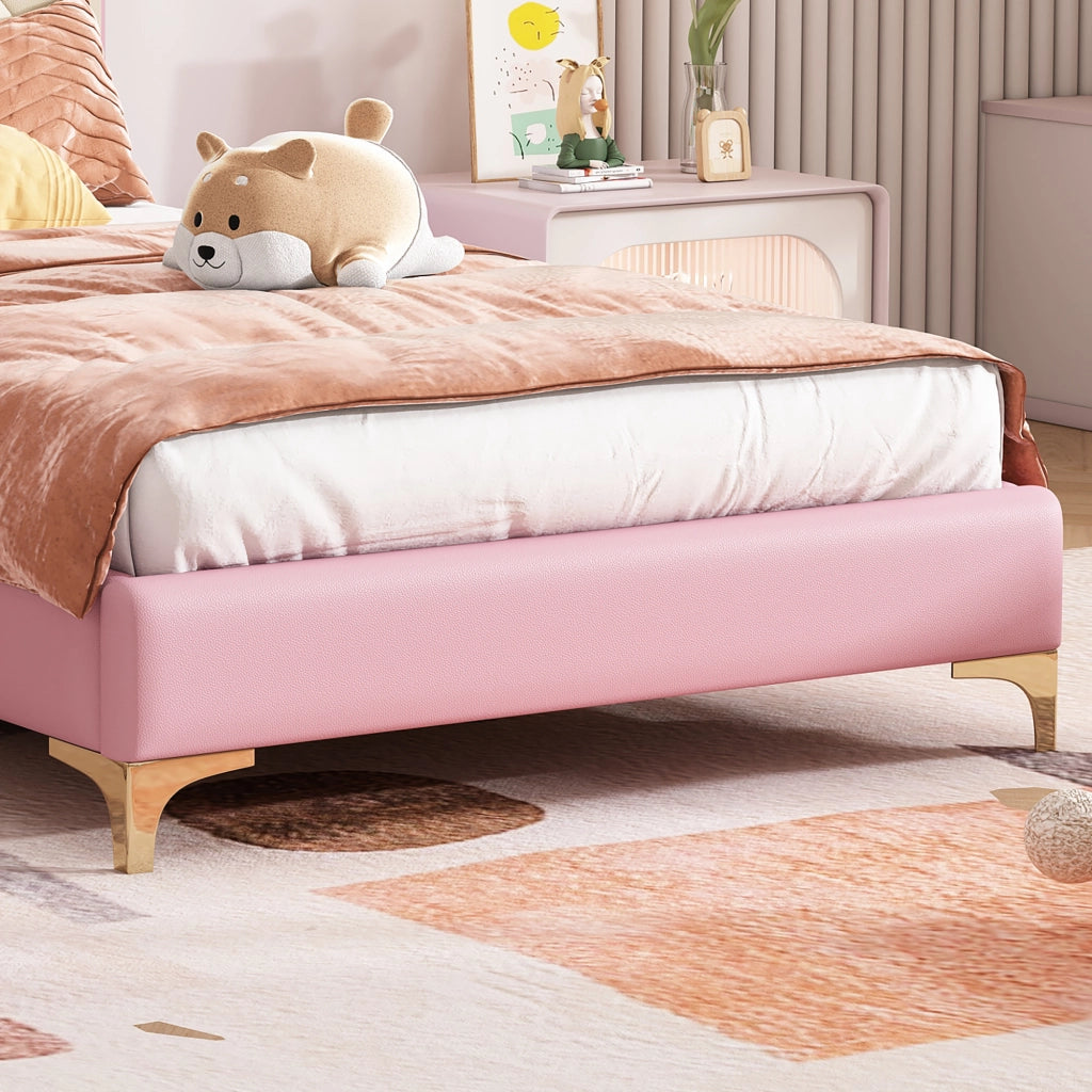 Letto singolo 90 × 200 cm con testiera imbottita LED multicolore fiocco rosa rete a doghe PU rosa e bianco per cameretta