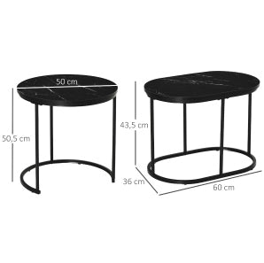 Set di 2 tavolini da salotto rotondo e ovale effetto marmo nero in MDF e acciaio impilabili