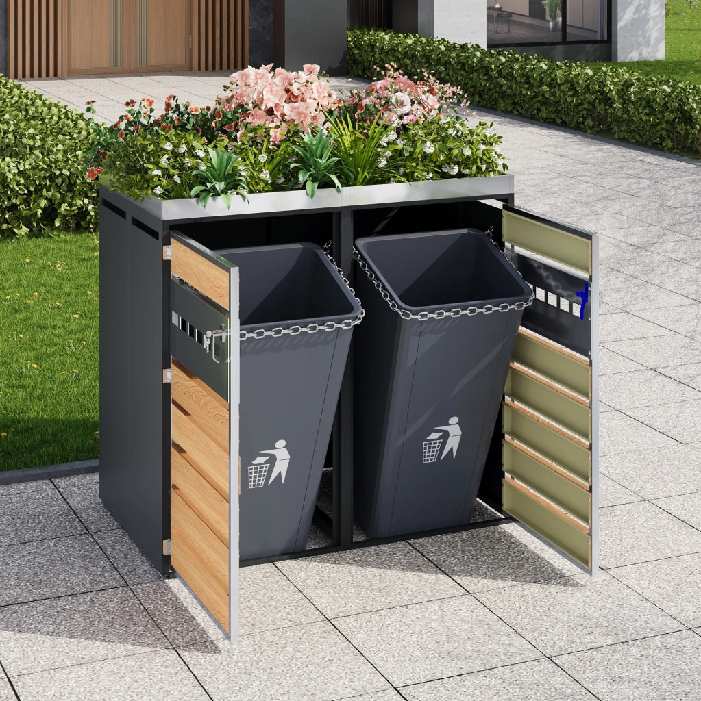 Box per bidoni della spazzatura con fioriera integrata, struttura in acciaio zincato con due porte richiudibili