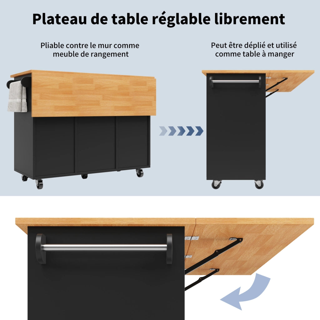 Carrello da cucina con piano ribaltabile 8 cassetti e ruote bloccabili in MDF nero 122 × 46 × 91.5 cm