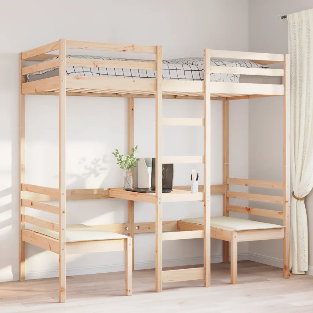 Giroletto Soppalco con Scrivania e Sedie-Struttura Letto 75x190cm Legno Pino