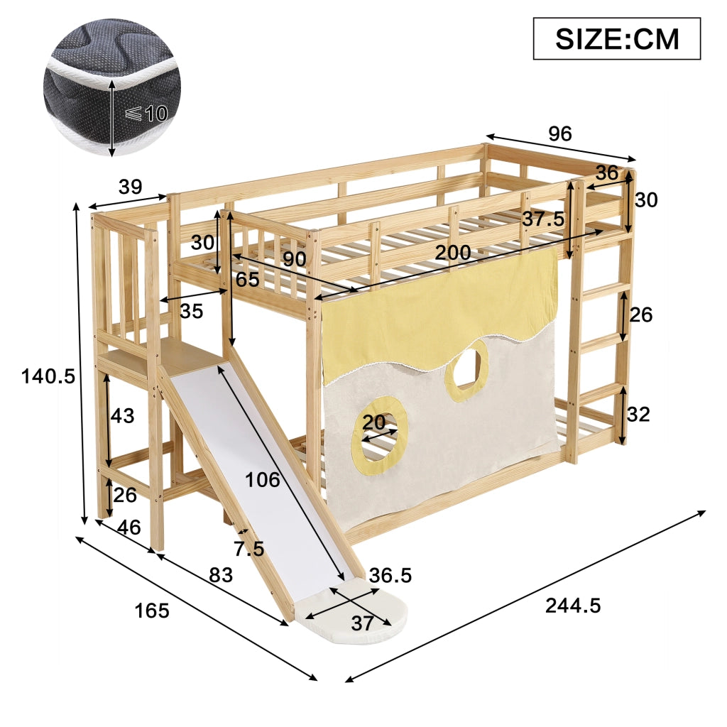 Letto a castello per bambini 90 × 200 cm con scala scivolo tende e protezione anticaduta in legno naturale