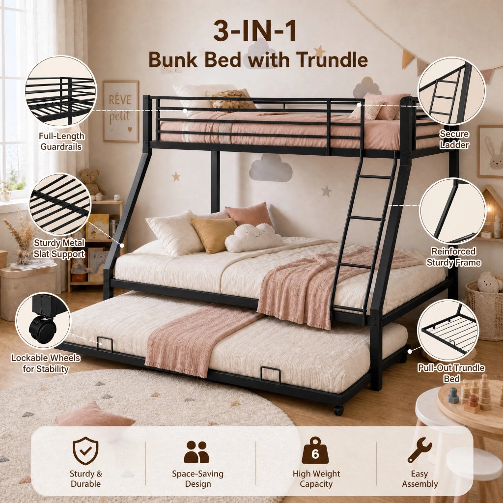 Letto a castello in metallo nero 90 × 200 cm e 140 × 200 cm con letto estraibile 90 × 190 cm fino a 550 kg