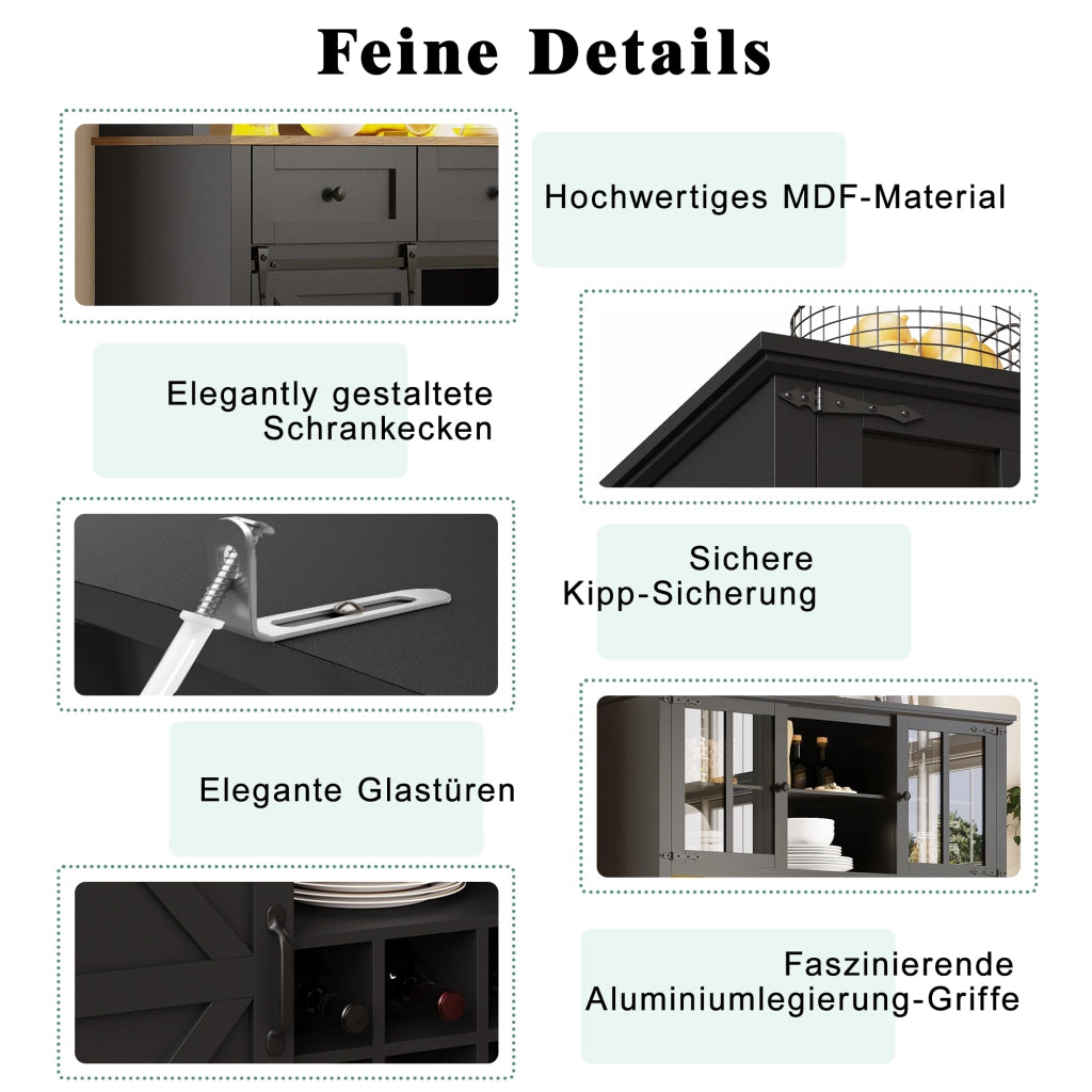 Mobile colonna da cucina ante in vetro porta scorrevole LED ripiani regolabili in MDF nero 105 × 38.4 × 180 cm