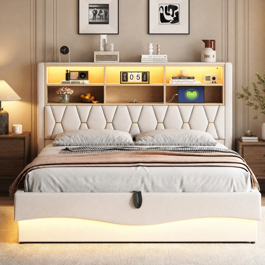 Letto imbottito 180x200 cm con contenitore idraulico, LED e USB in lino beige