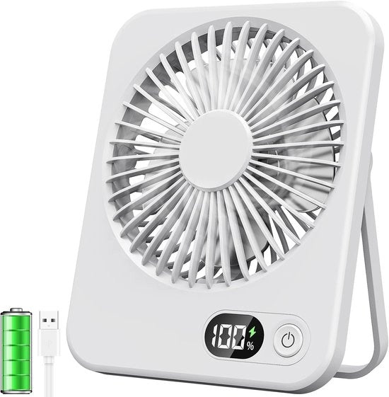 Mini ventilatore per ufficio con schermo LCD, batteria 2500 mAh, ventilatore silenzioso, 5 velocità, piccolo ventilatore per ufficio ricaricabile per ufficio, casa o campeggio (bianco)