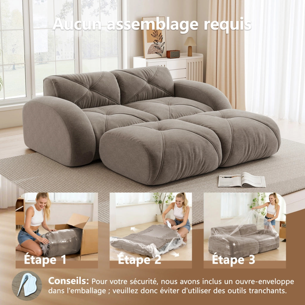 Divano modulare a 3 posti senza telaio in tessuto chenille taupe, design antiscivolo, adatto per soggiorno, senza necessità di montaggio