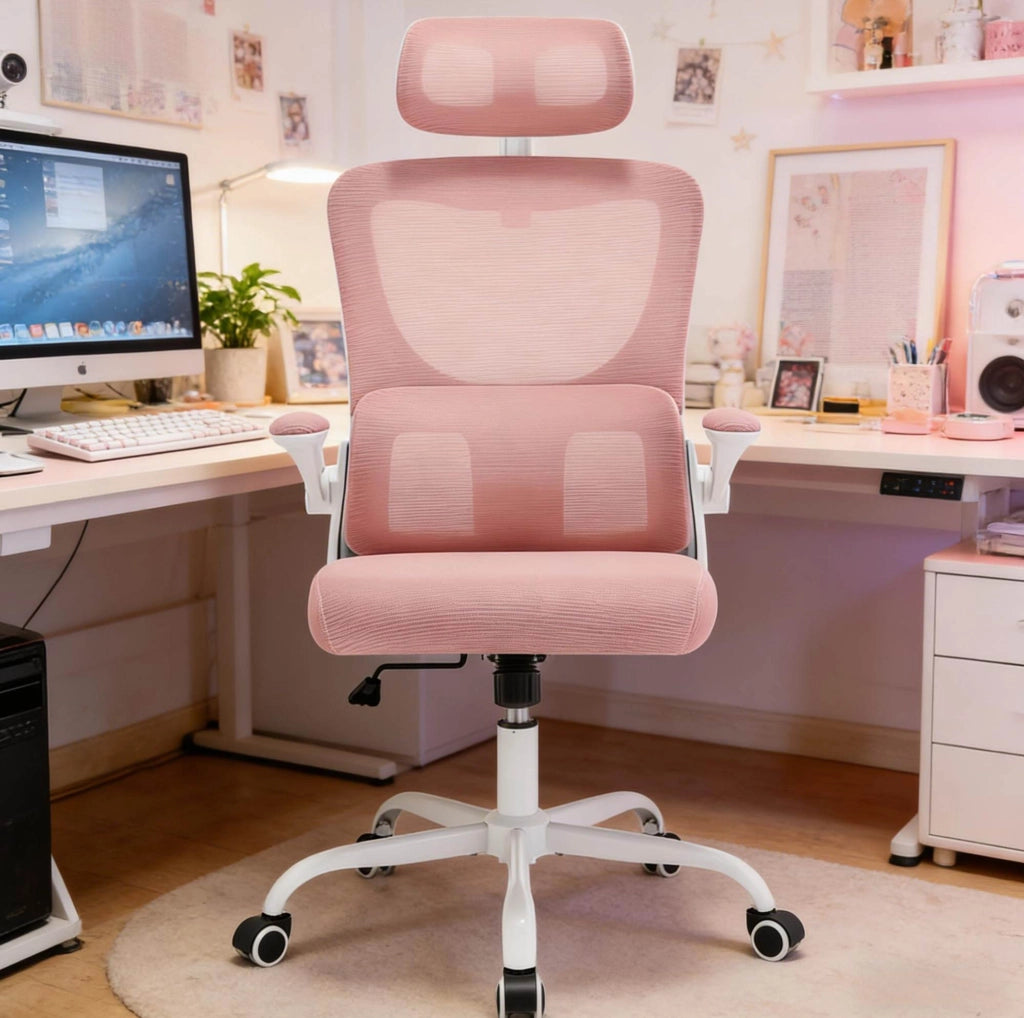 Sedia da ufficio ergonomica rosa con rete e ruote