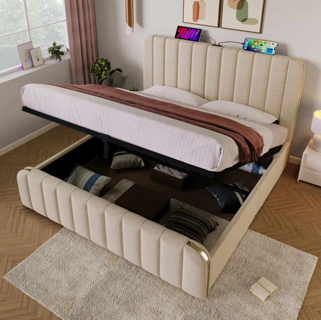 Letto matrimoniale imbottito con contenitore; USB Type-C; 180x200 cm; beige in lino; con materasso