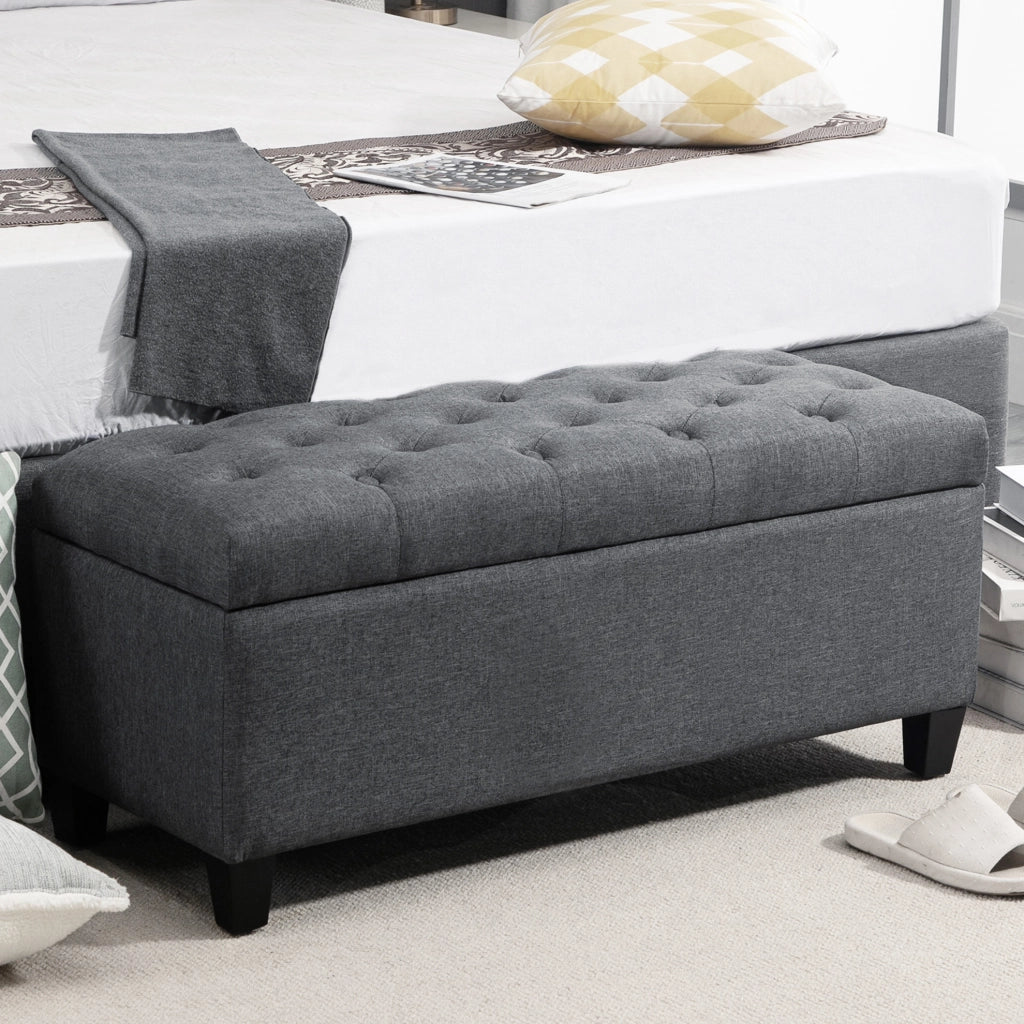 Panca contenitore imbottita 100x40x44 cm in poliestere lino e legno di gomma grigio scuro