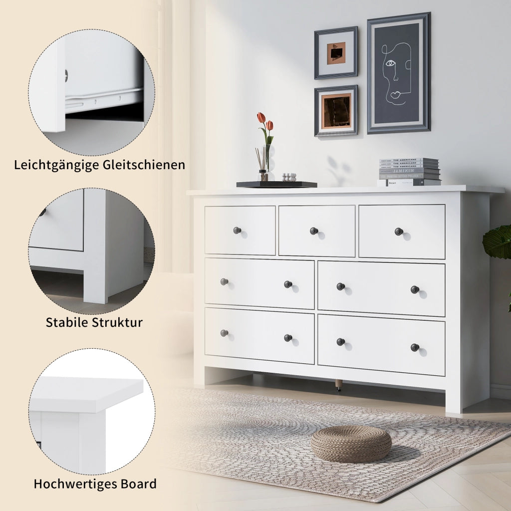 Credenza bianca moderna mobile buffet con 7 cassetti in truciolato 152x40x89 cm